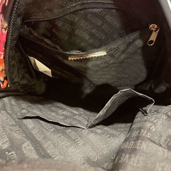 Steve Madden Black Orange and Pink Floral Print Backpack 9x10 - Picture 10 of 16